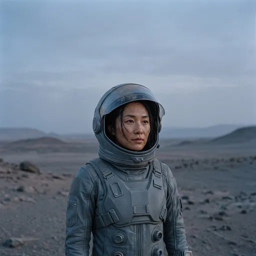 Female Astronaut on Barren Rocky Plain