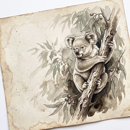 Vintage Ink Drawing of Koala on Branch