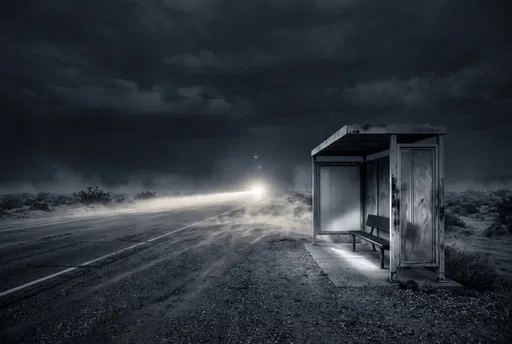 Lonely Desert Bus Stop at Night