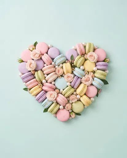 Pastel Macaron and Rose Heart Arrangement