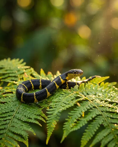 Black and Yellow Snake on Fern