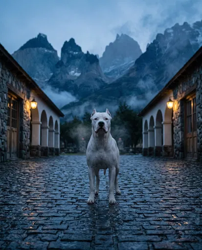 Dogo Argentino Standing in Mountain Courtyard