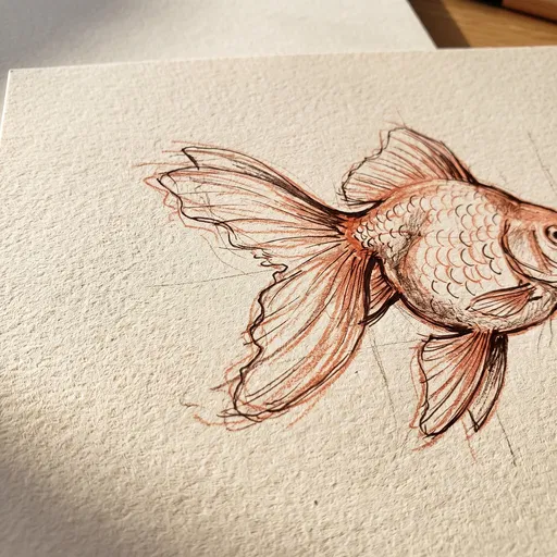 Sepia and Terracotta Goldfish Sketch on Paper
