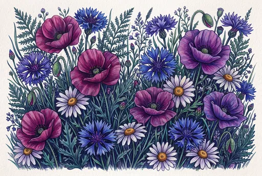 Colored Pencil Wildflower Meadow Illustration