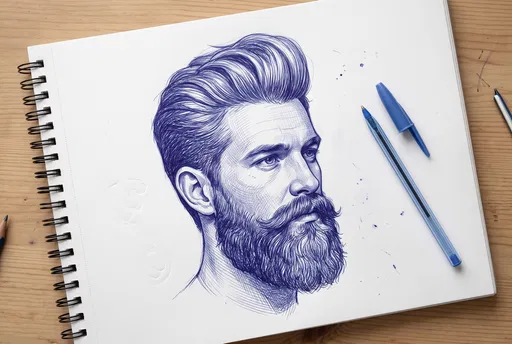 Blue Ballpoint Sketch of Bearded Man