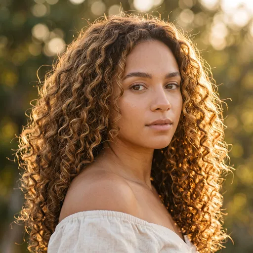Woman With Curly Hair At Golden Hour