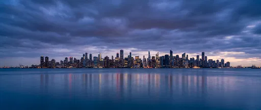 Twilight City Skyline Panorama Over Calm Harbor