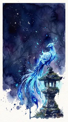 Blue Watercolor Phoenix on Stone Lantern