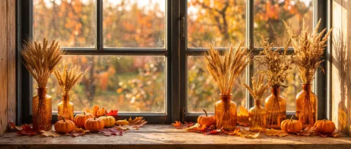 Sunlit Autumn Windowsill with Pumpkins and Wheat