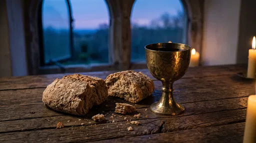 Rustic Bread and Brass Chalice by Candlelight