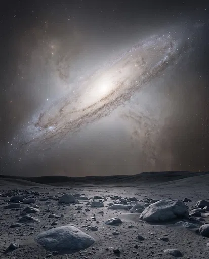 Glowing Galaxy Over Barren Alien Landscape