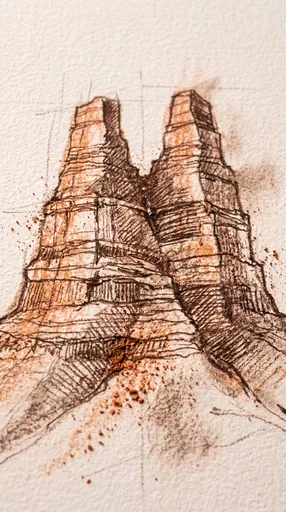 Terracotta Chalk Sketch of Twin Desert Peaks