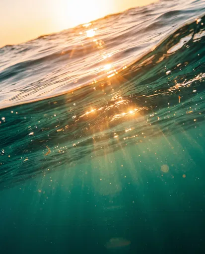 Golden Sunset Refracting Through Teal Ocean Surface