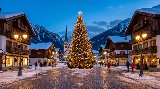Illuminated Christmas Tree in Alpine Village Square