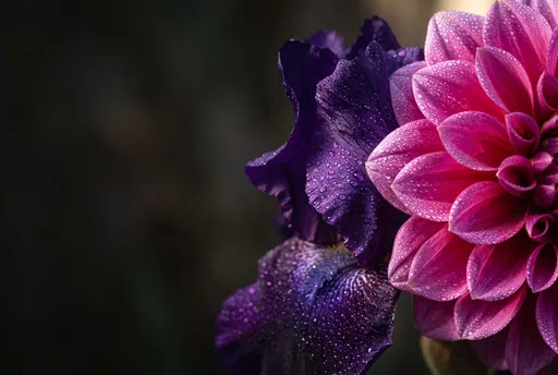 Dewy Magenta Dahlia and Violet Iris