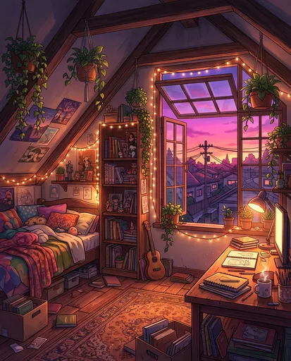 Cozy Anime Attic Bedroom at Sunset