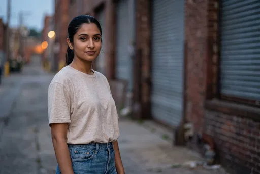 Young Woman in Industrial Alleyway at Dusk