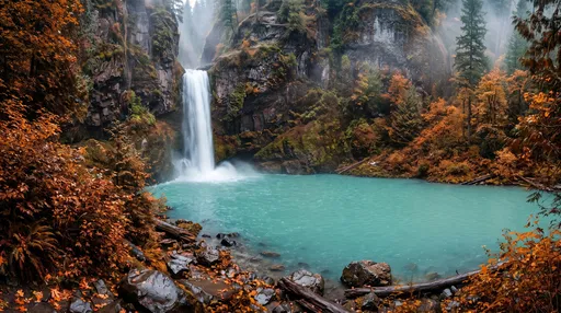 Autumn Canyon Waterfall and Turquoise Lagoon