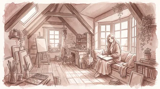 Sepia Watercolor Anime Girl in Attic Studio