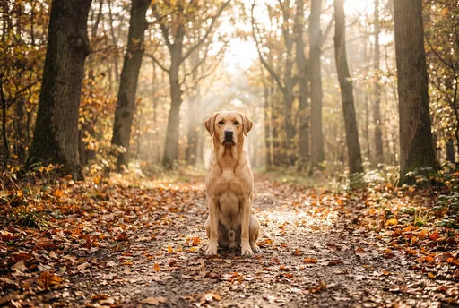 Yellow Labrador Sitting on Autumn Forest Trail