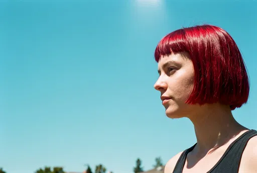 Woman With Red Bob Against Blue Sky