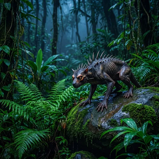 Spiny Chupacabra Crouching in Rainforest