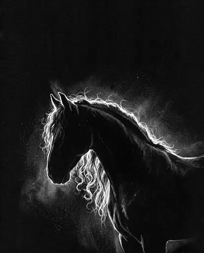 White Charcoal Friesian Horse Silhouette Drawing
