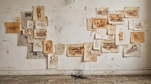 Studio Wall With Pinned Ochre Sketches