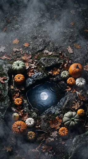 Pumpkins Surrounding Moonlit Puddle in Fog