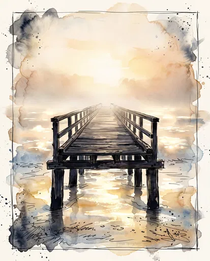 Watercolor Sketch of Wooden Pier at Sunset
