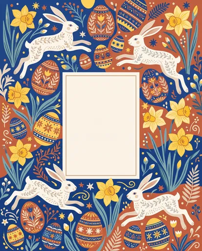 Folk Art Easter Frame with Leaping Hares