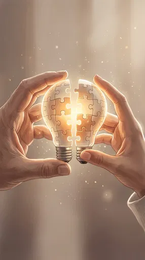 Hands Joining Glowing Puzzle Lightbulb Halves
