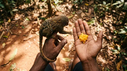 Pygmy Marmoset Reaching for Mango in Hand