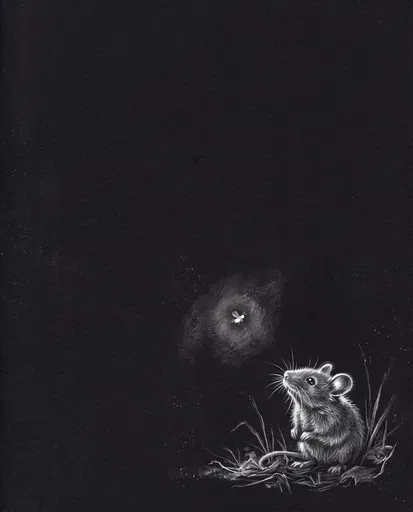 White Charcoal Mouse Watching Glowing Firefly