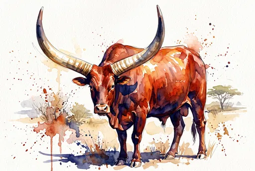 Watercolor Ankole-Watusi Ox Illustration
