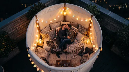 Two Men Kissing in Rooftop Lounge