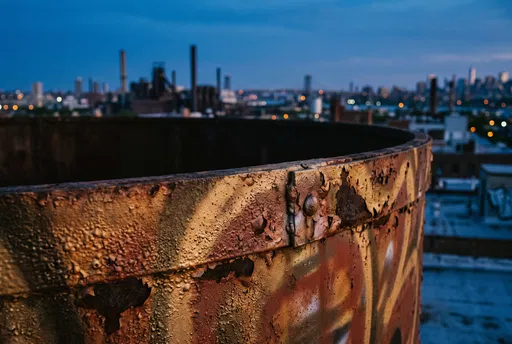 Rusted Water Tank Overlooking Twilight Skyline
