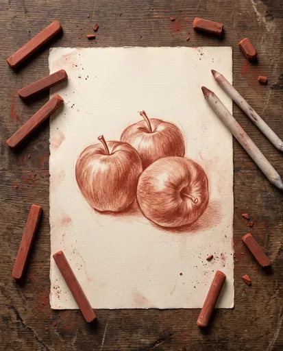 Sanguine Chalk Drawing of Three Apples