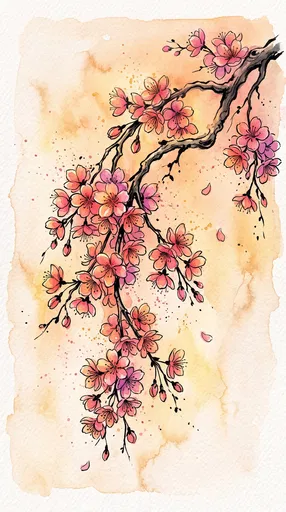 Watercolor and Ink Cherry Blossom Branch Illustration