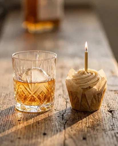 Bourbon Glass and Birthday Cupcake on Wood