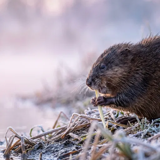 Muskrat Nibbling Shoot on Frosty Bank