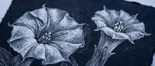 White Charcoal Moonflower Drawing on Dark Paper