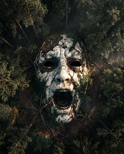 Colossal Screaming Stone Face in Forest