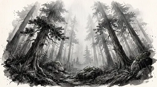 Monochrome Watercolor Pine Forest in Rain