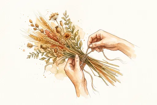 Watercolor Hands Tying Dried Wheat Bouquet