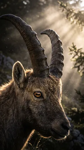 Backlit Alpine Ibex Close-Up Portrait