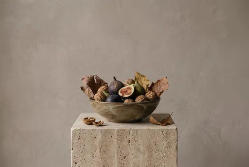 Stoneware Bowl With Figs and Walnuts