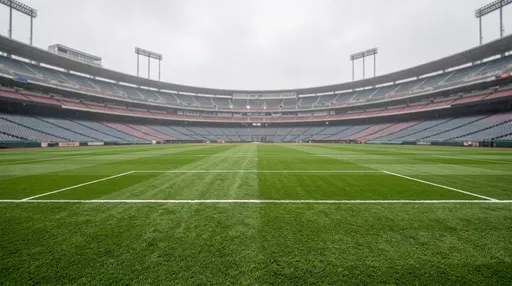 Empty Green Stadium Pitch Under Overcast Sky