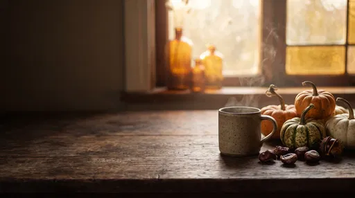 Autumn Mug and Pumpkins on Wooden Table