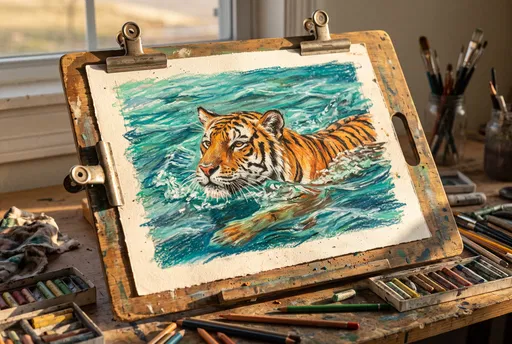 Tiger Pastel Drawing on Wooden Board